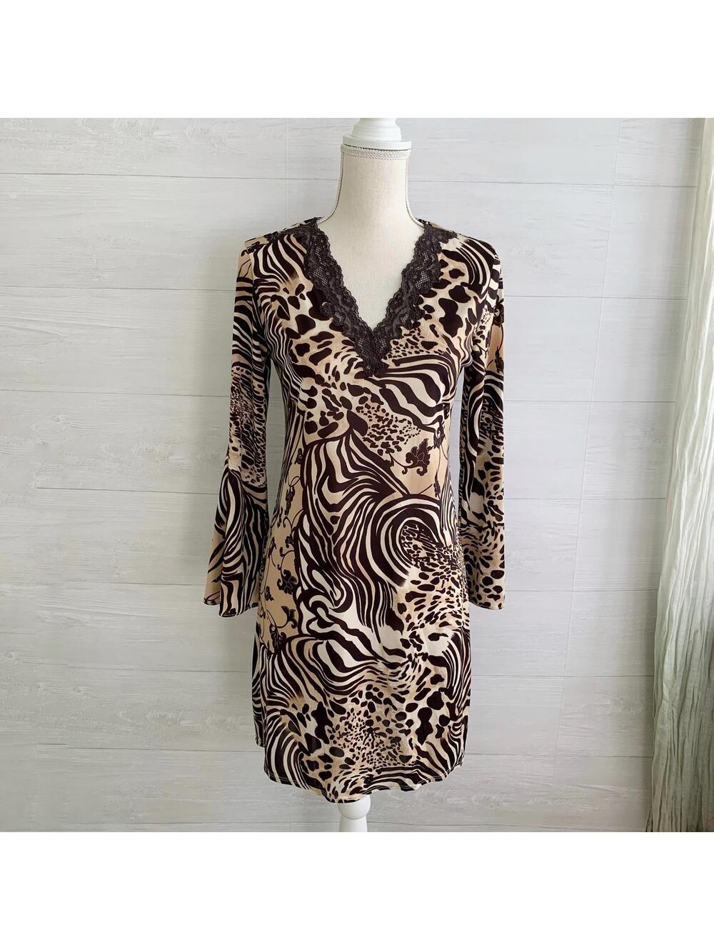 Natori Brown Animal Print Lace Trim Bell Sleeve Tunic Mini Dress XS Y2K